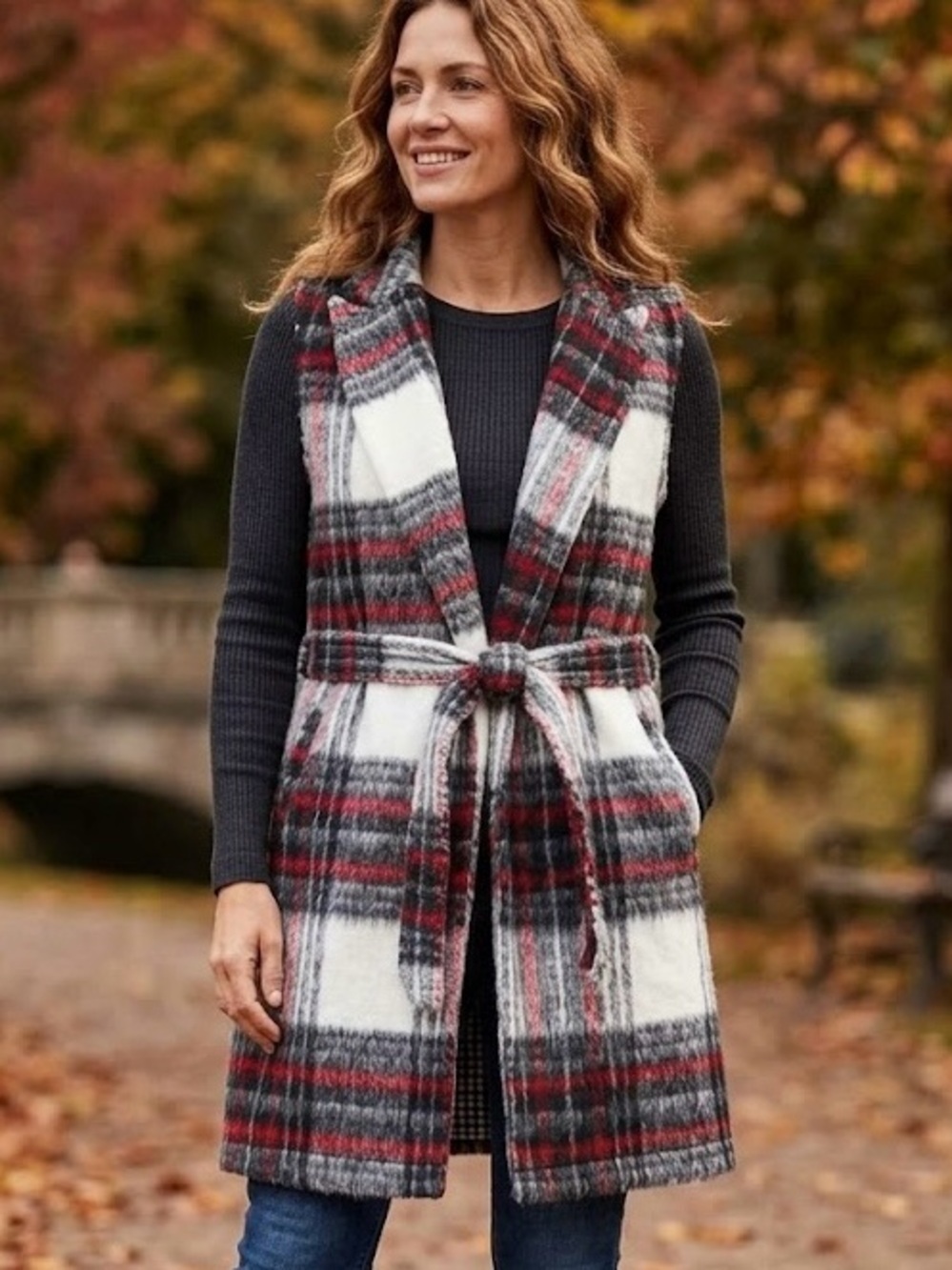 ONLY Plaid Belted Longline Waistcoat Vest Boho Cottagecore Irish Scottish Tartan
